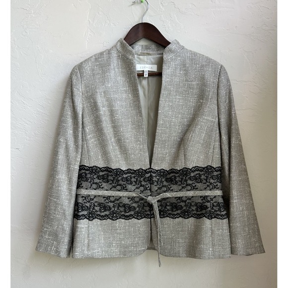 Escada Blazer 42 L US 12 Wool Tweed Silk Black Lace Jacket Designer Old Money